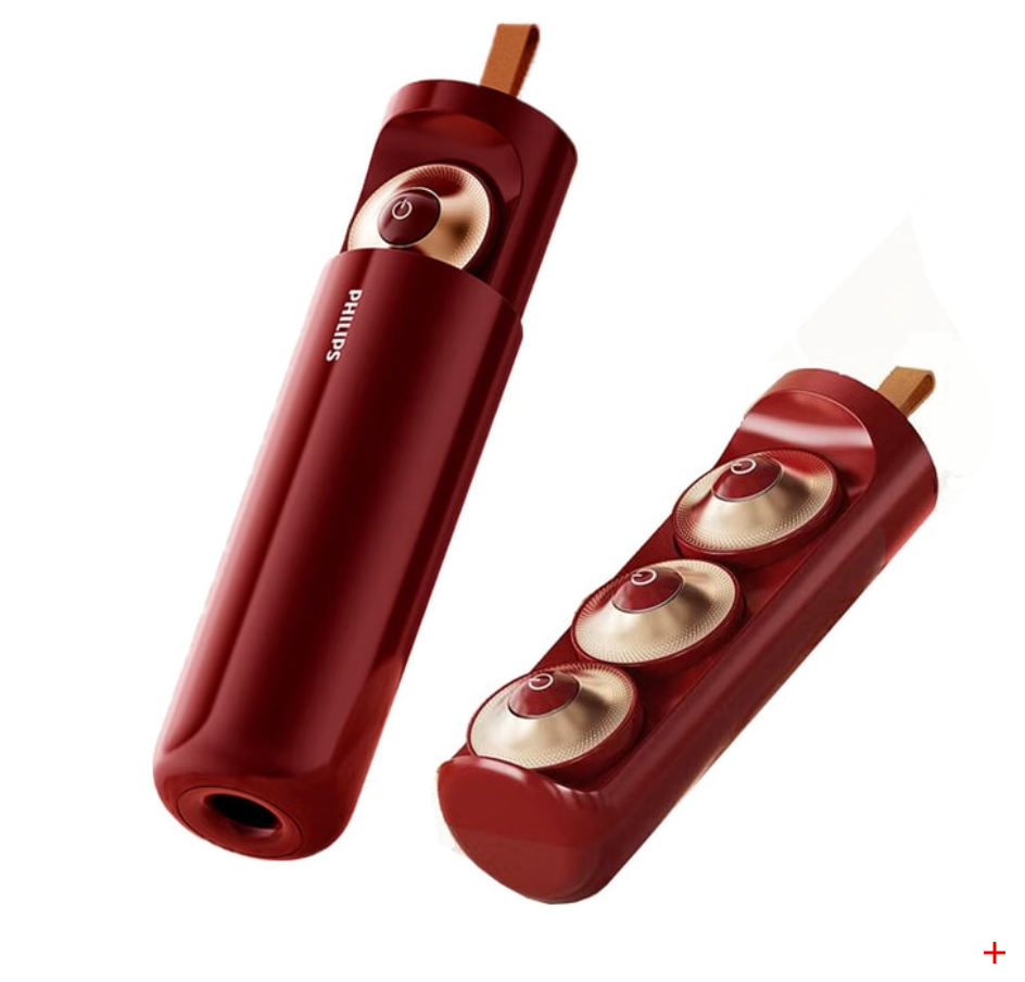飛利浦 無菸艾灸儀肩頸熱敷儀 3導頭 3檔溫度調整 無菸無火 附贈60片艾草貼 紅色款