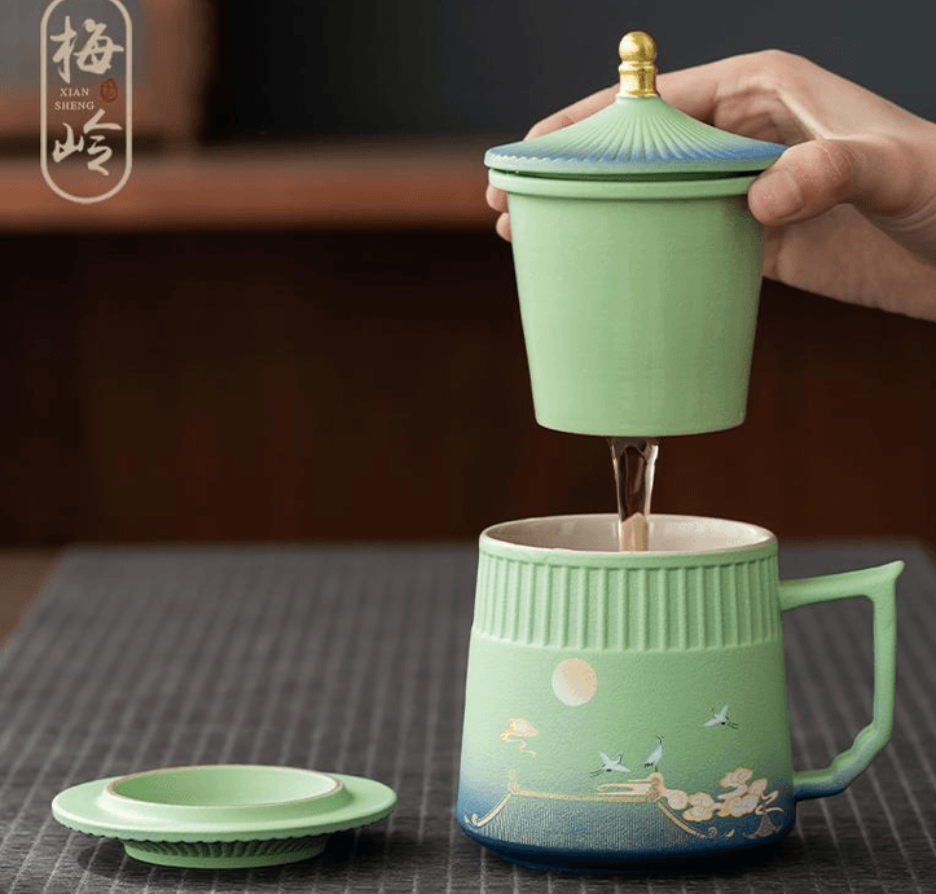 梅嶺先生故宮文創國潮仙鶴陶瓷杯禮物中國風馬克杯泡茶杯 綠色/紅色