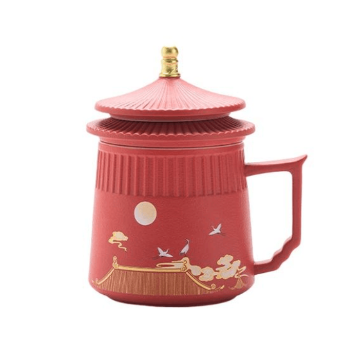 梅嶺先生故宮文創國潮仙鶴陶瓷杯禮物中國風馬克杯泡茶杯 綠色/紅色