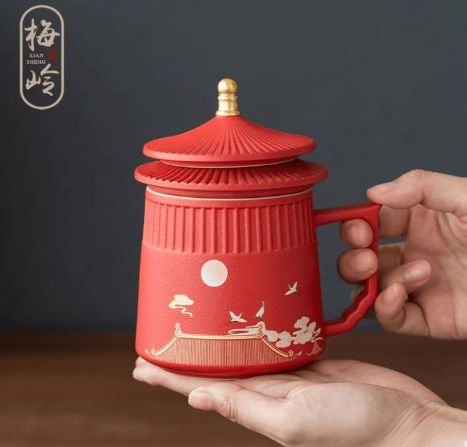 梅嶺先生故宮文創國潮仙鶴陶瓷杯禮物中國風馬克杯泡茶杯 綠色/紅色