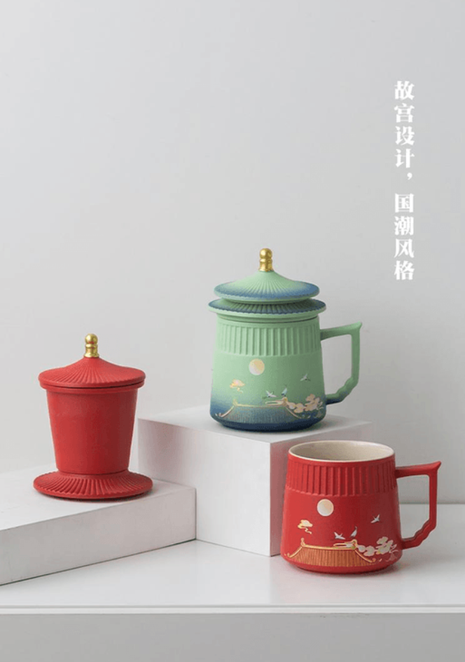 梅嶺先生故宮文創國潮仙鶴陶瓷杯禮物中國風馬克杯泡茶杯 綠色/紅色