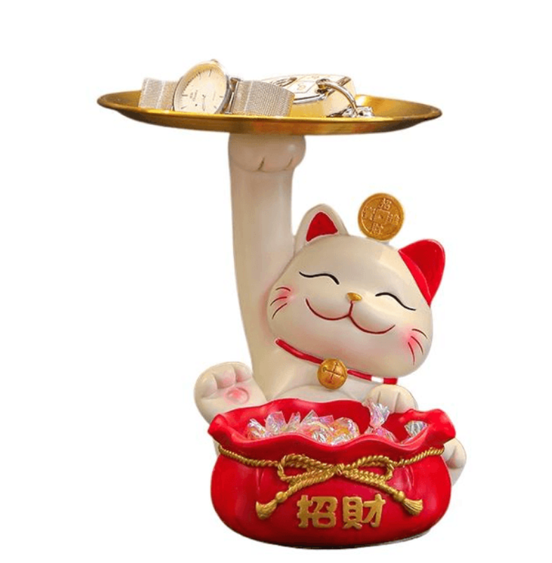 生活無憂招財貓鑰匙收納玄關裝飾品擺件入戶門口 招財貓托盤福袋雙收納*1個