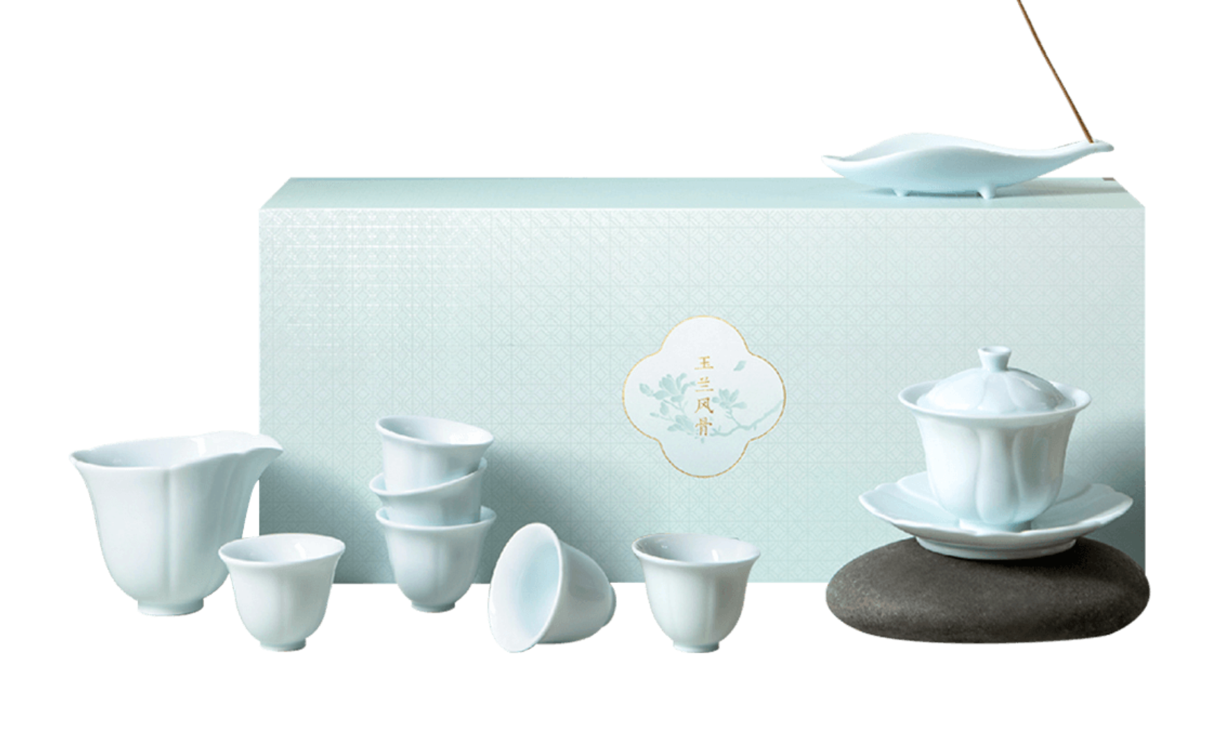 故宮文創 玉蘭風骨茶具茶杯套裝 1個三才蓋碗 1個公道杯1個香插 6個茶杯