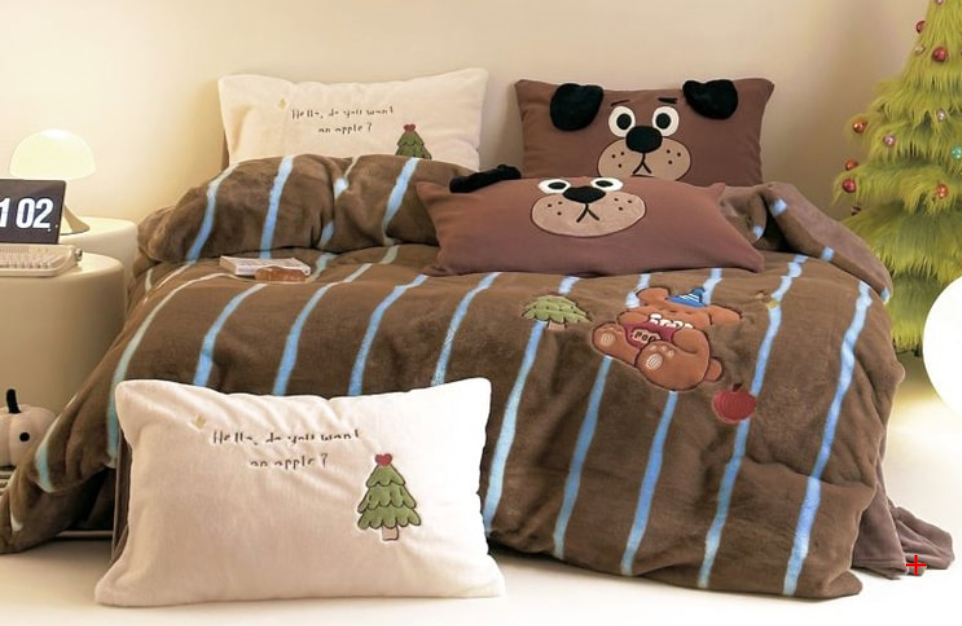 Lullabuy聖誕萌寵樂園牛奶絨床上四件套居家秋冬聖誕床品四件套床單被套 呆呆犬 King Size/ Double Size