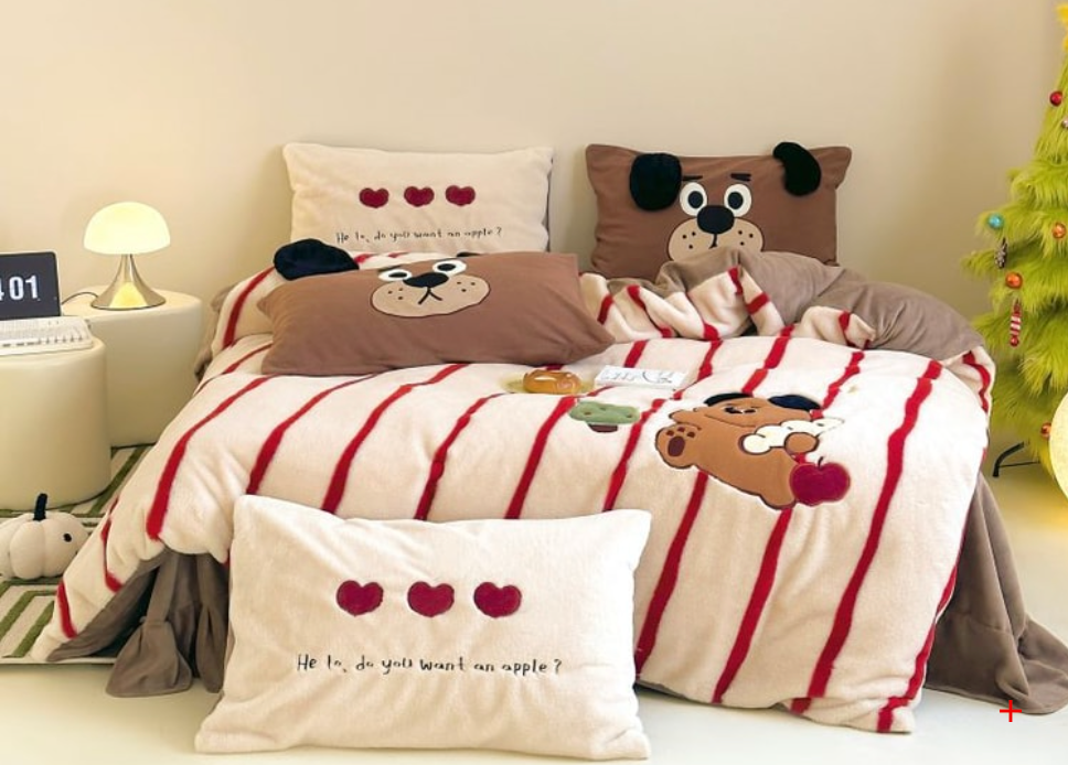 Lullabuy聖誕萌寵樂園牛奶絨床上四件套居家秋冬聖誕床品四件套床單被套 呆呆犬 King Size/ Double Size