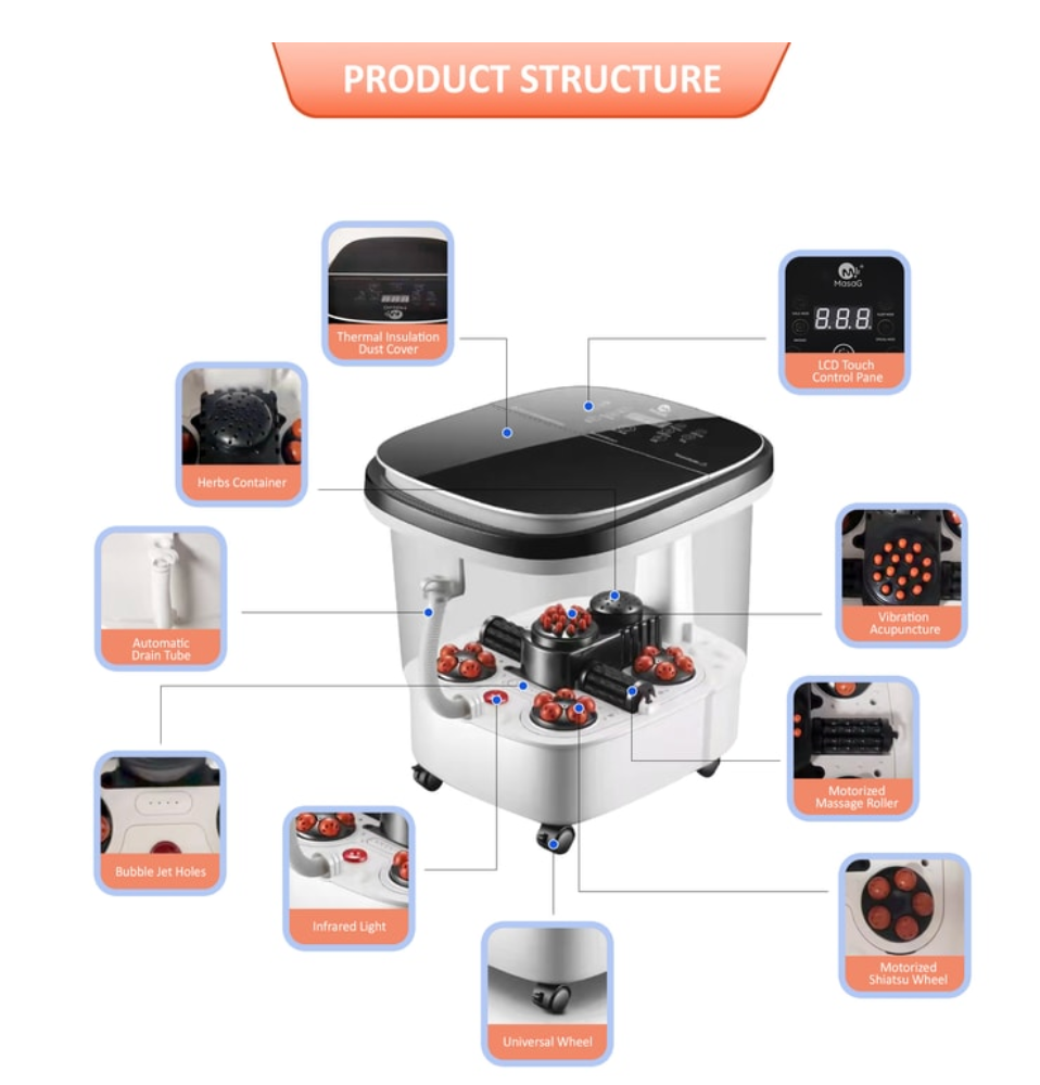 MASAG A35豪華自動款多功能按摩足浴桶 玻璃觸摸式液晶面板 加深設計 三種電動按摩頭滾輪/玉米棒/針灸洗腳桶 紅外線燈帶氧氣泡泡 足部水療和放鬆保養泡腳桶