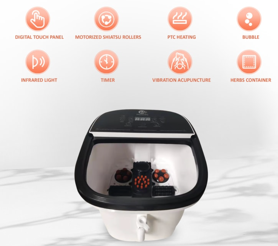 MASAG A35豪華自動款多功能按摩足浴桶 玻璃觸摸式液晶面板 加深設計 三種電動按摩頭滾輪/玉米棒/針灸洗腳桶 紅外線燈帶氧氣泡泡 足部水療和放鬆保養泡腳桶
