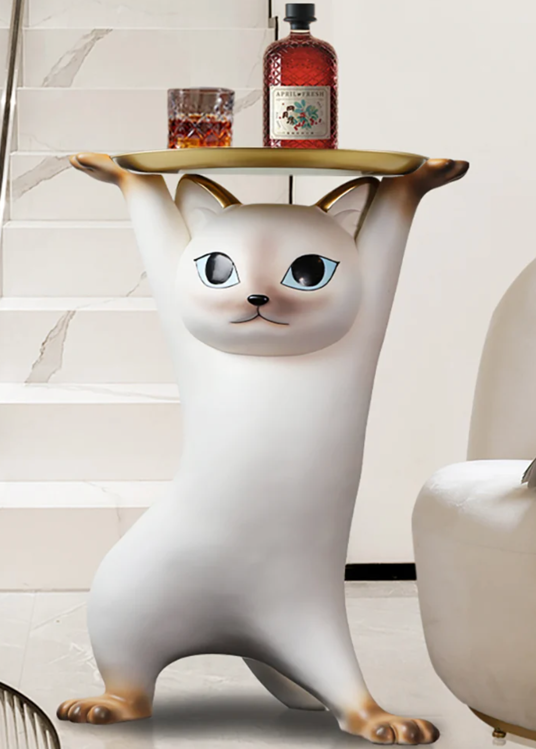 貓咪造型裝飾樹脂小茶几（附托盤桌面）