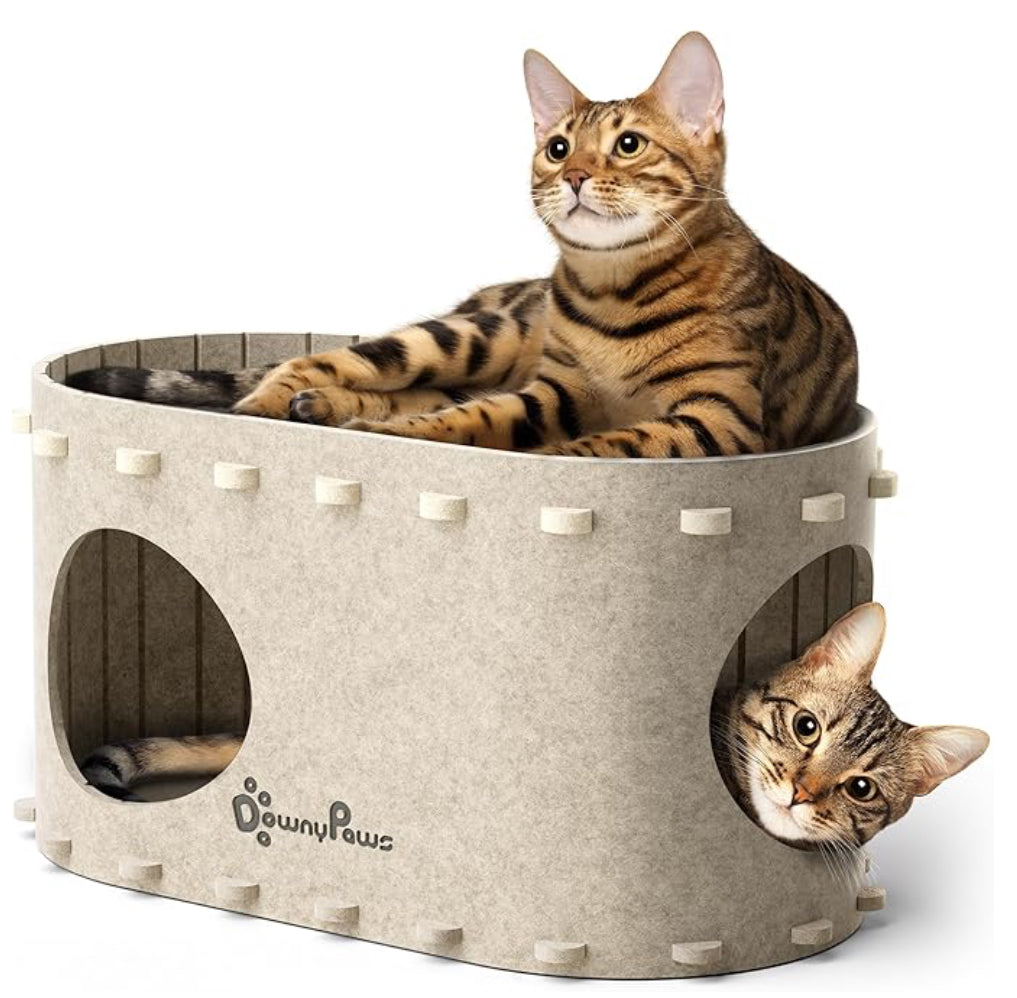 DownyPaws 室內貓窩，貓窩洞穴，適用於多隻貓和體重不超過 22 磅的大型貓，防刮，可折疊 Peekaboo 小貓洞穴隧道封閉式床，PeekaPurr，奶油色