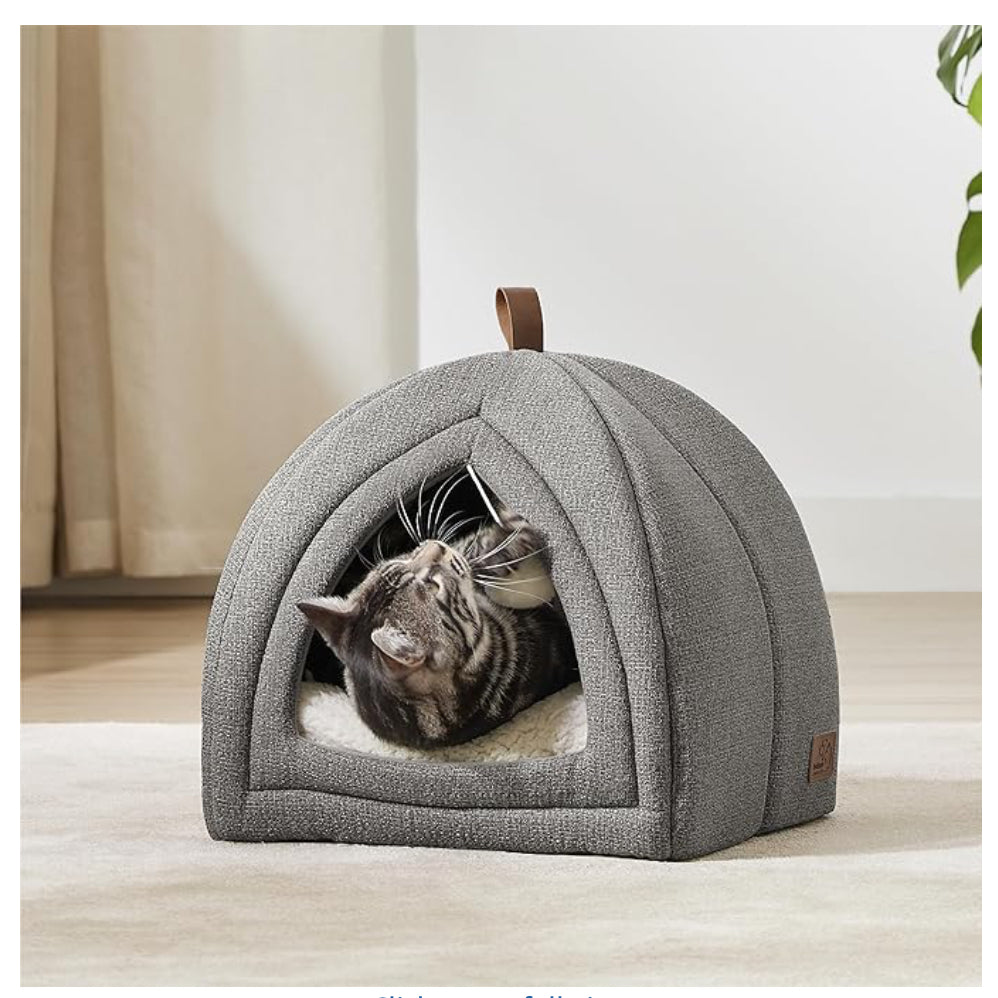 Bedsure 室內貓床 - 2 合 1 貓洞屋帳篷，適用於小貓和小型寵物，配有可拆卸可洗軟墊枕頭，可折疊小貓藏身處，防滑底部，灰色，16 英寸