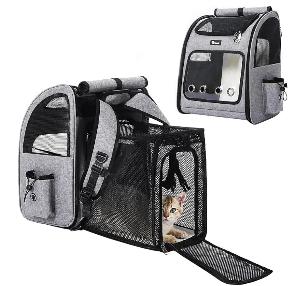 Hoopet 可擴展貓咪背包托架 - 透氣寵物托架，適用於小型貓狗，可折疊旅行背包，帶有網狀通風功能，適合徒步旅行、散步、露營，淺灰色