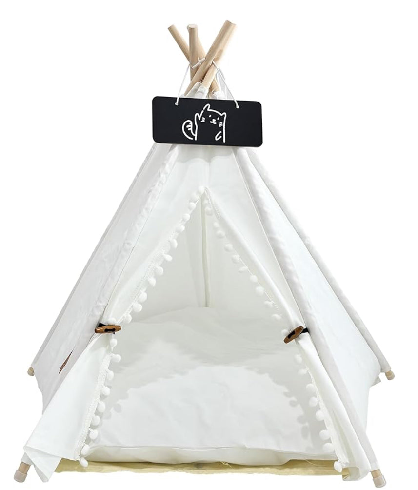 貓狗專用寵物帳篷/Tipi - 可水洗帆布，可折疊寵物帳篷，帶防滑底座和可拆卸墊子 | 室內/室外安全庇護所，適用於體重不超過 66 磅的寵物 - 白色