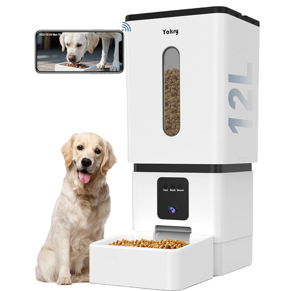Yakry 大型犬自動餵食器帶攝像頭 - 12L/50 杯 5G WiFi 應用控制狗糧分配器，易於設置，高清 1080P 視頻，帶夜視功能