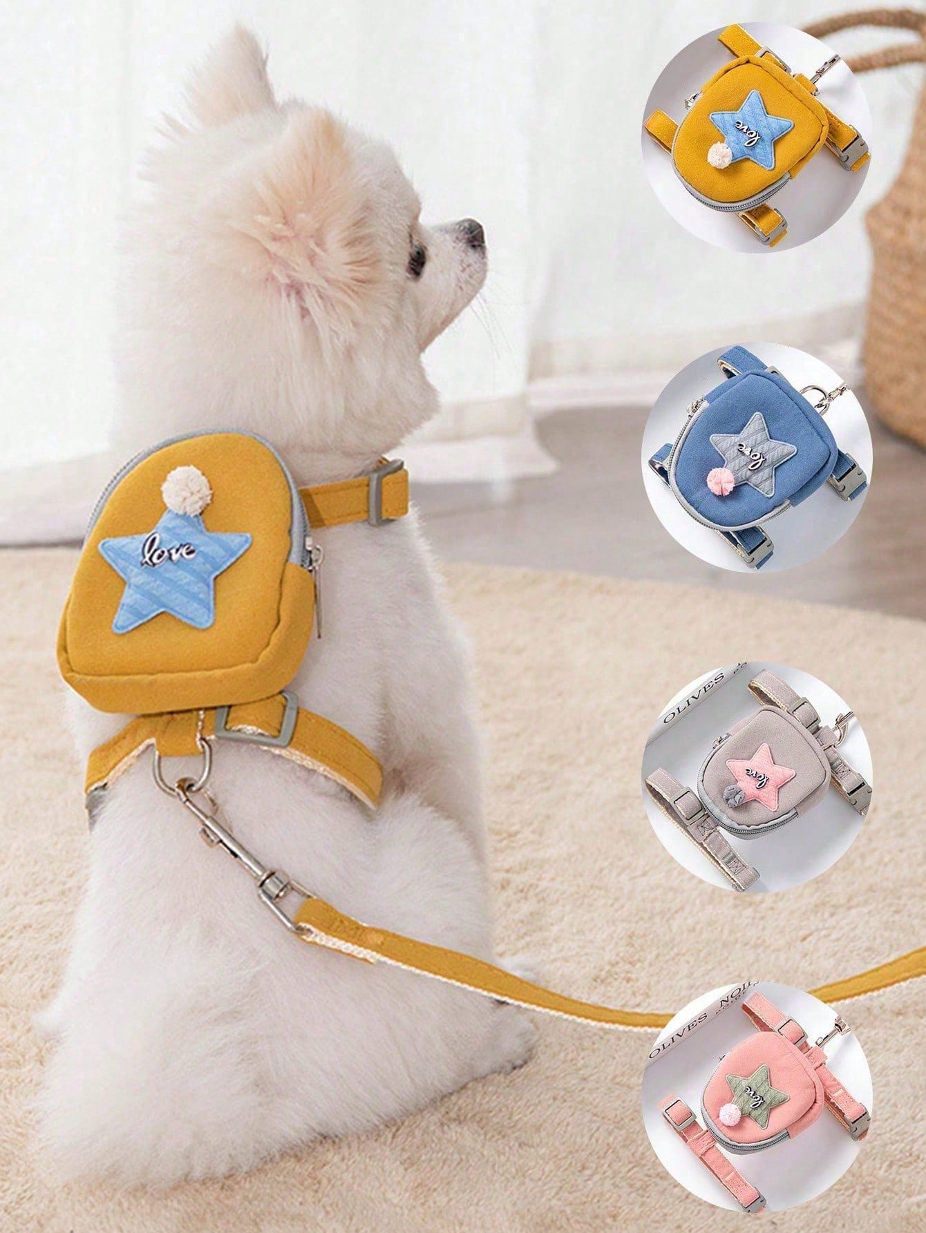 寵物胸背帶，附牽引繩，背心式設計，附小背包，可用於戶外散步時存放零食