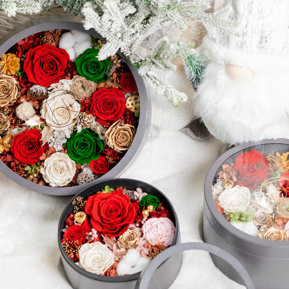 灰色經典小圓形陰影盒混合花卉節日版