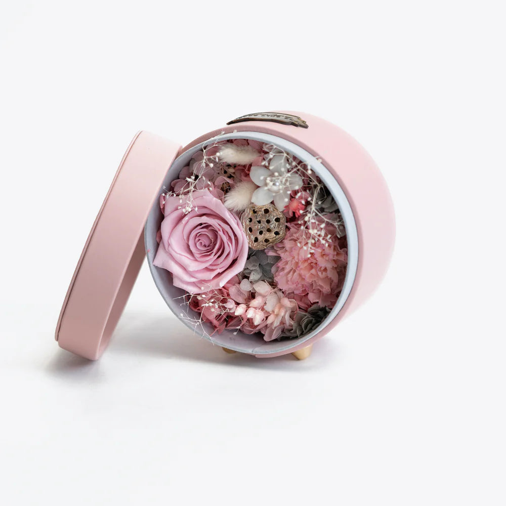 粉紅色皮革圓形影盒 混合花卉圖案