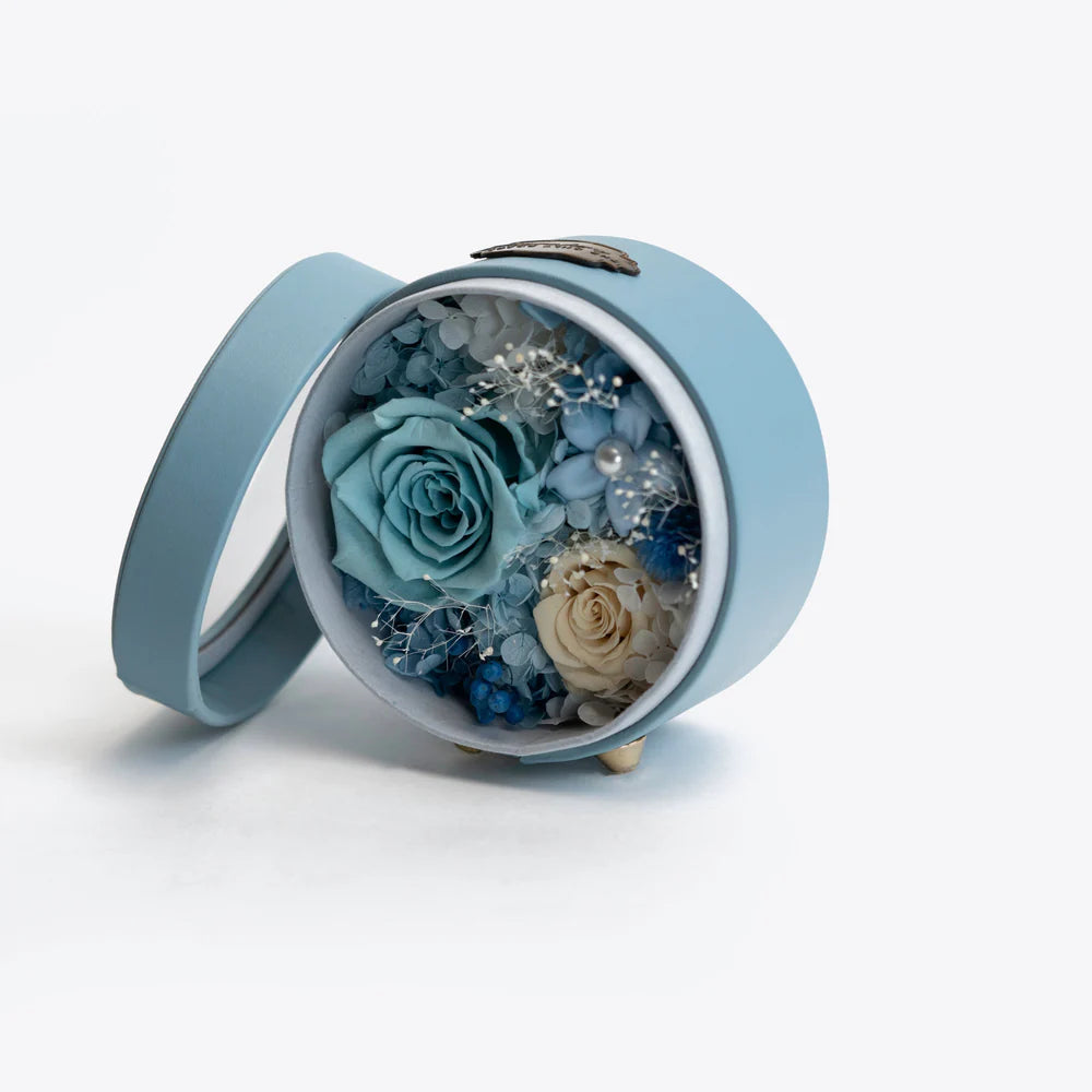 藍色皮革圓形影盒 混合花卉