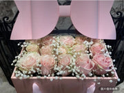 Popular Big Bow Flower Box(pink) With Transparent Cover & Long Hand Rope Carry 15 Red Roses & Baby Breath