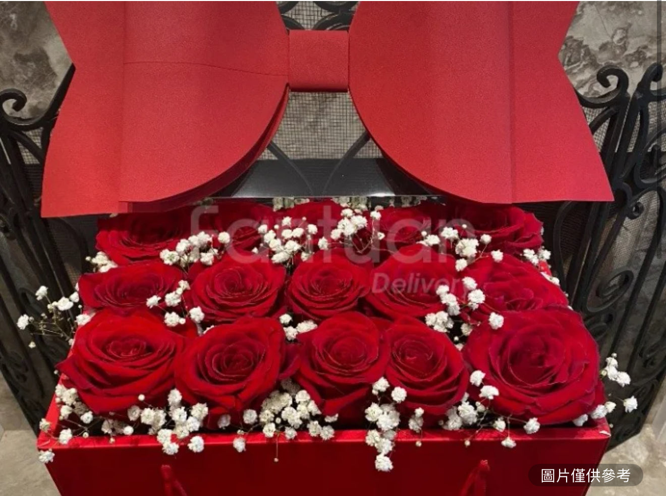 Popular Big Bow Flower Box(red) With Transparent Cover & Long Hand Rope Carry 15 Red Roses & Baby Breath