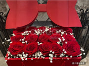Popular Big Bow Flower Box(red) With Transparent Cover & Long Hand Rope Carry 15 Red Roses & Baby Breath
