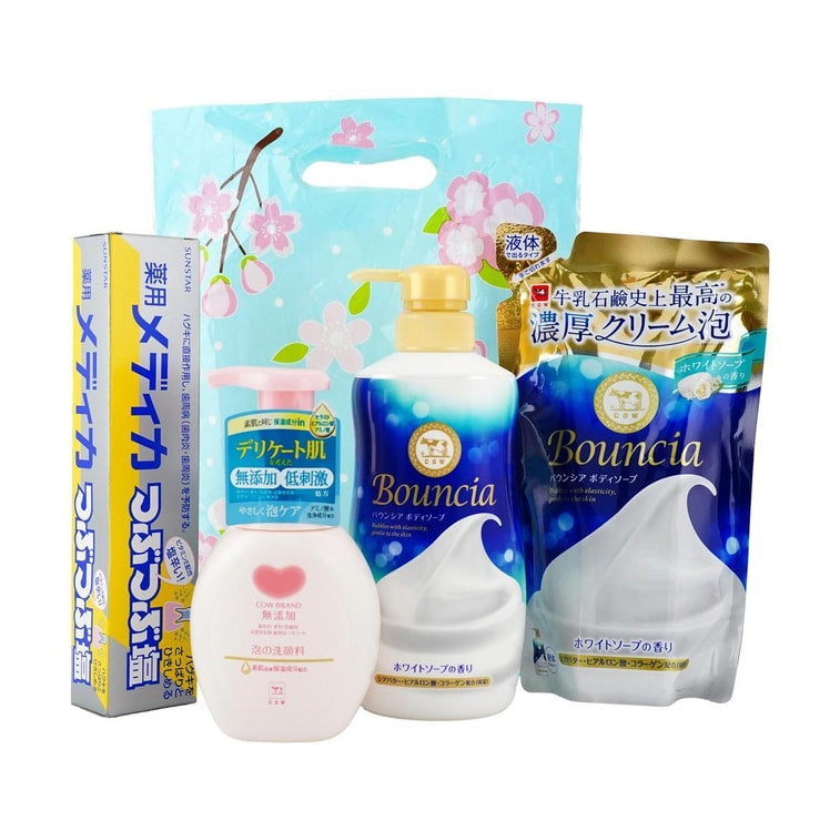 日本COW牛乳石鹼共進社 BOUNCIA牛奶花香濃密泡沫沐浴乳含補充裝+敏感肌神經醯胺保濕洗面乳 + 日本SUNSTAR 顆粒結晶鹽牙膏去牙漬