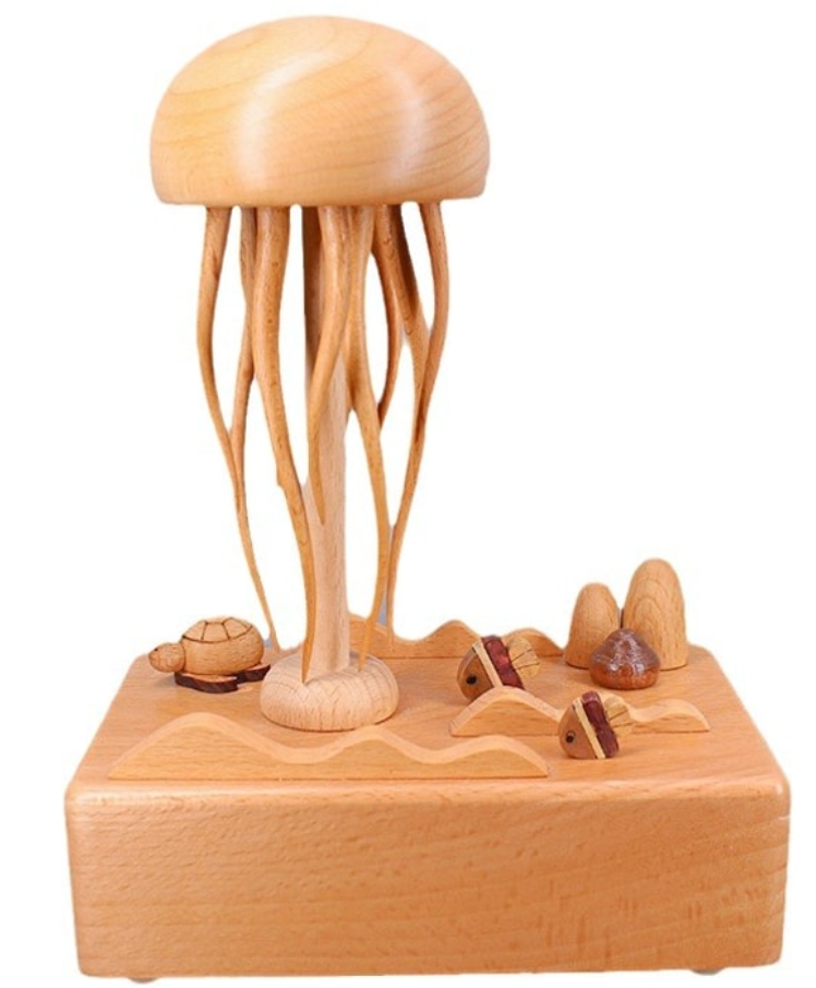FOXTAIL 高端靈動水母木質機械音樂盒 網紅爆款/治癒解壓/擺飾/禮品禮物-升級版 1個