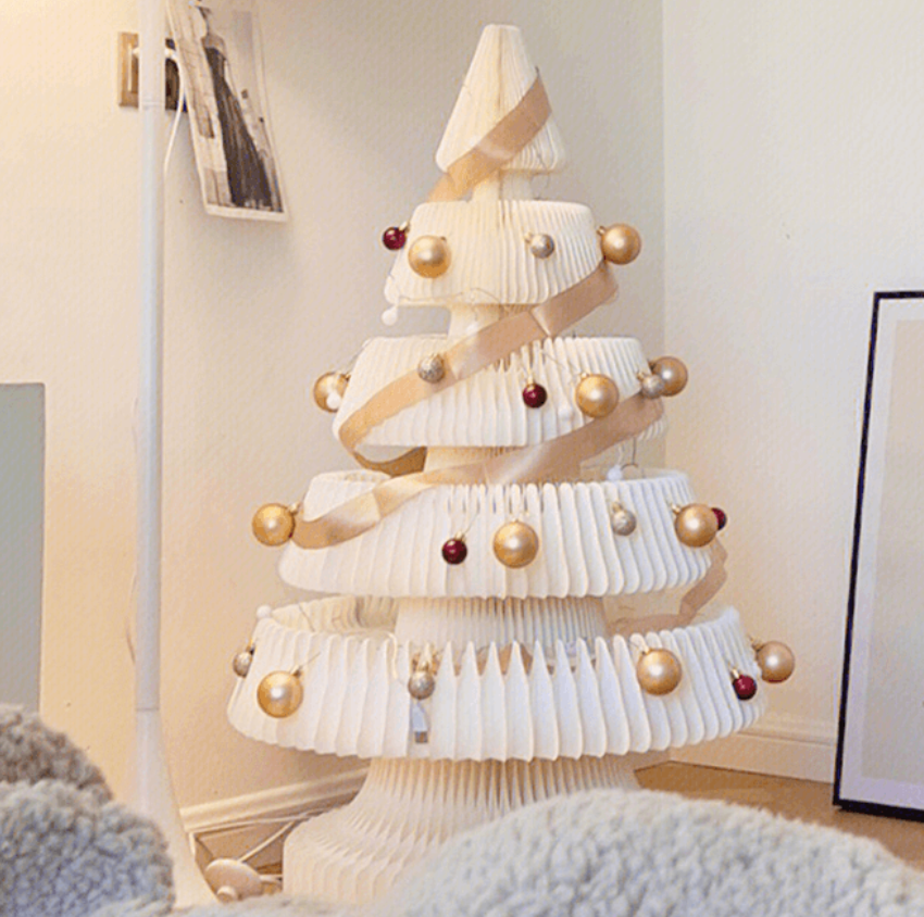 十八紙 聖誕樹裝飾擺飾 折疊方便收納 蜂巢力學設計 新年聖誕創意客廳落地擺飾 附燈串 綠色/白色